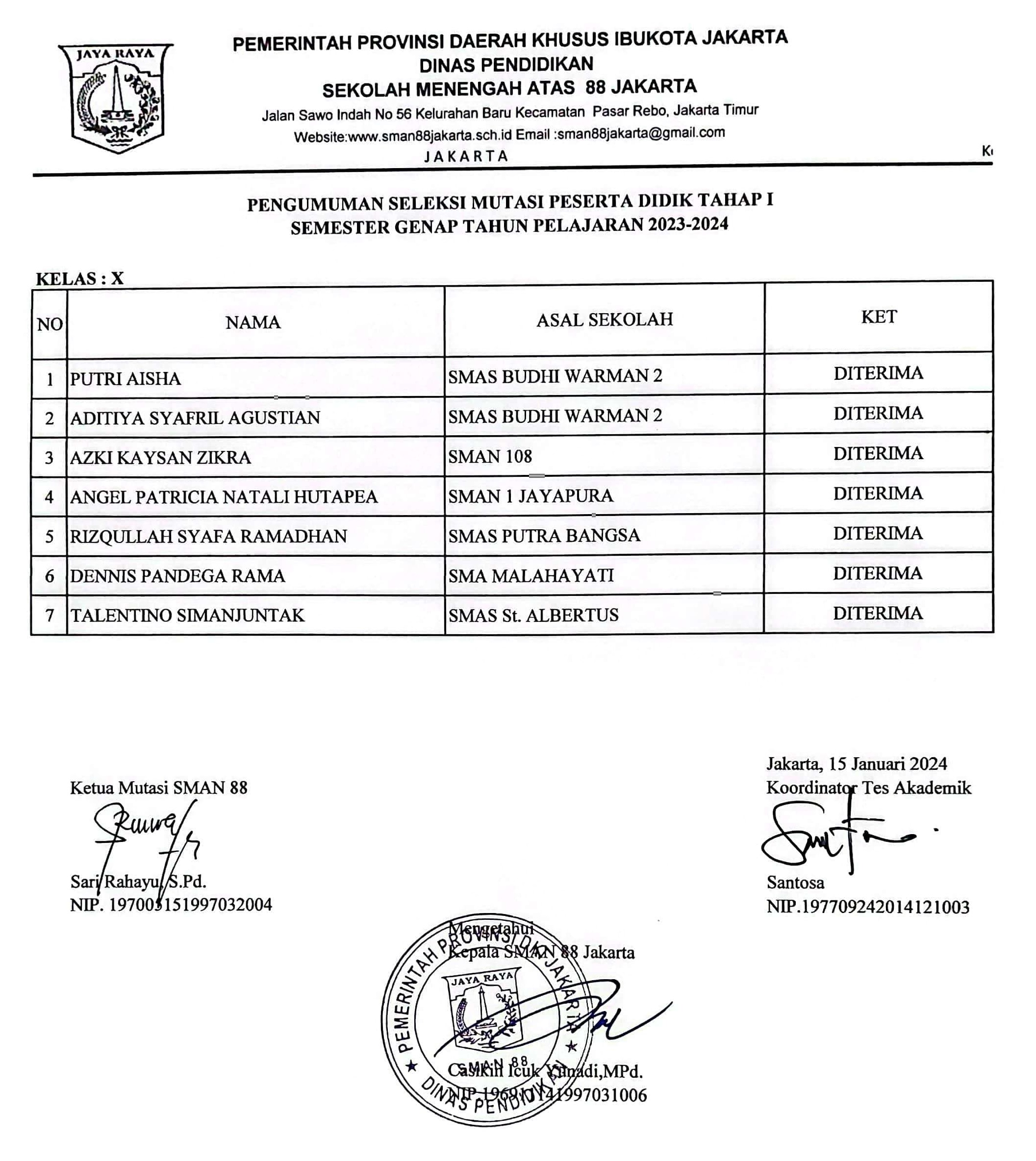 INFORMASI SELEKSI PENERIMAAN  SISWA MUTASI SEMESTER GENAP TAHUN 2023/2024