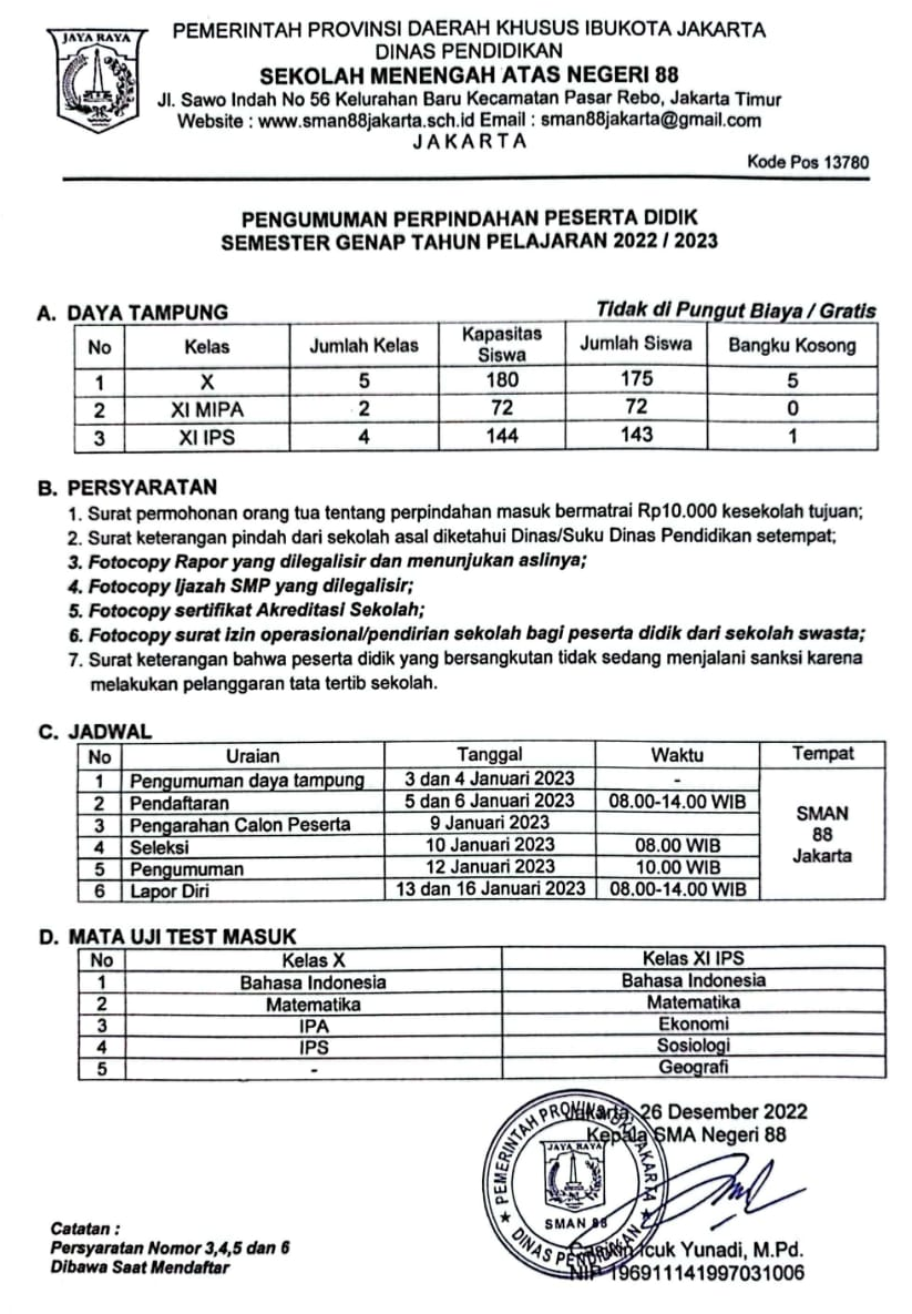 PENGMUMAN MUTASI PESERTA DIDIK SEMESTER GENAP TAHUN AJARAN 2022 / 2023