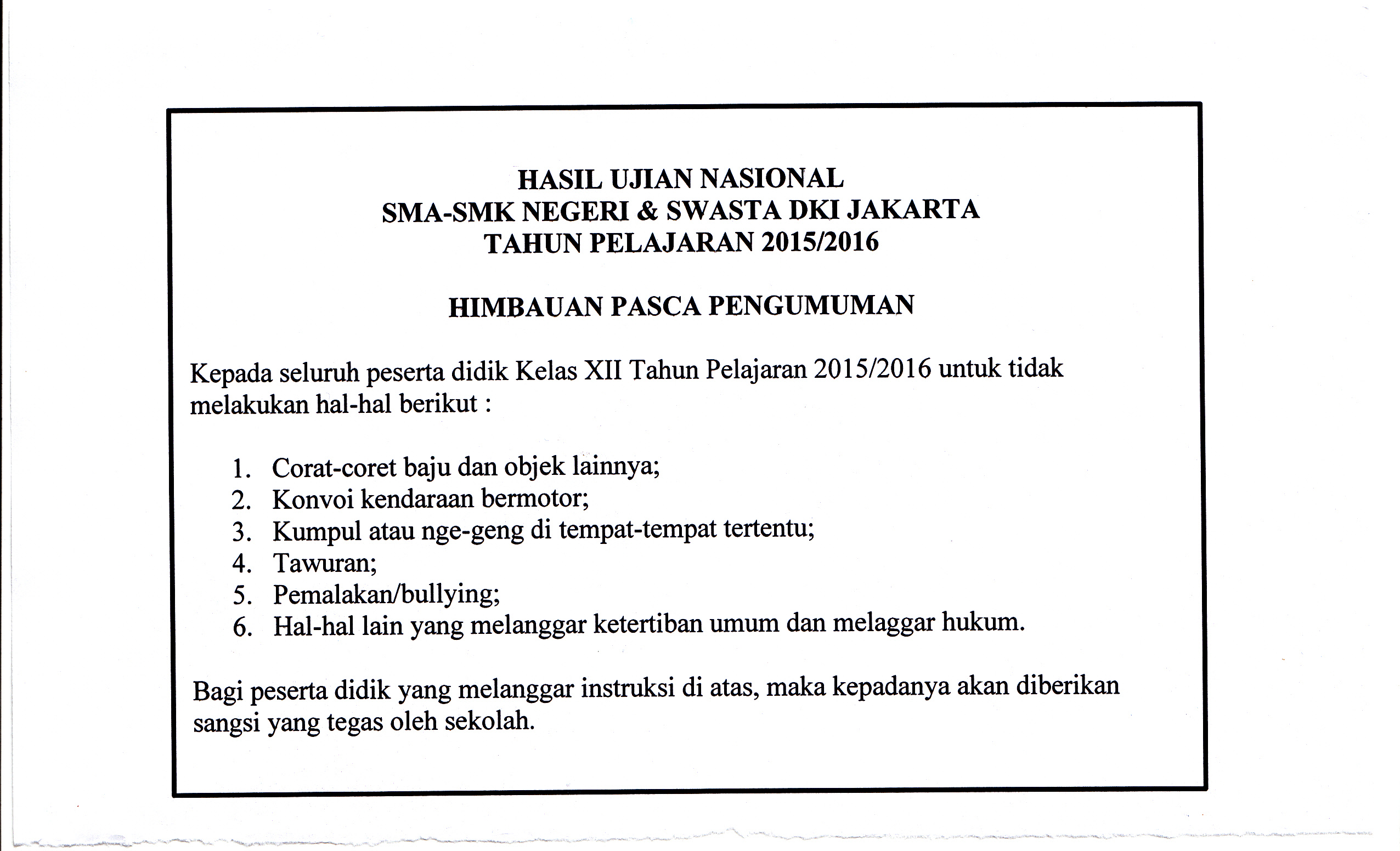 PENGUMUMAN PASCA KELULUSAN UN SMA