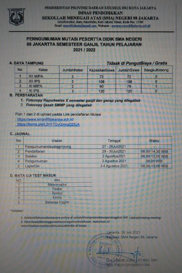 PENGUMUMAN MUTASI TAHAP 2 SMAN 88 JAKARTA 2021 / 2022